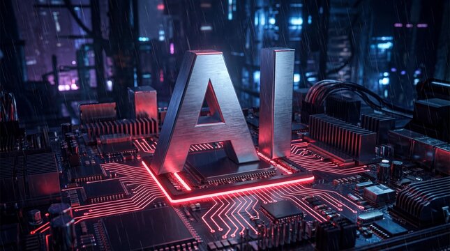 Artificial intelligence technology on a modern circuit board with glowing red lights