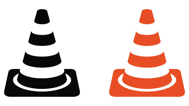 Traffic cone icon set in black and orange representing road safety construction warning and traffic control concept in flat vector style isolated on white background