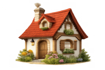 Fantasy cottage featuring a picturesque red roof, stucco walls, wooden door surrounded by colorful flowers and greenery