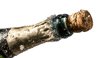 Close-up of a champagne bottle neck with the cork popping, with a black background