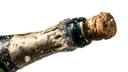 Close-up of a champagne bottle neck with the cork popping, with a black background
