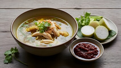 A bowl of Indonesian Soto Ayam, a traditional aromatic chicken soup with turmeric broth, shredded chicken, fried shallots, and fresh spring onions. Served with lontong rice cakes and spicy sambal.