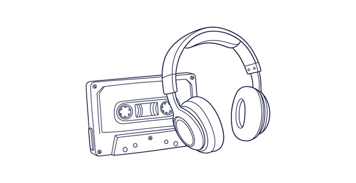 Detailed Line Art Vector Illustration of Retro Cassette Tape and Vintage Headphones Music Concept
