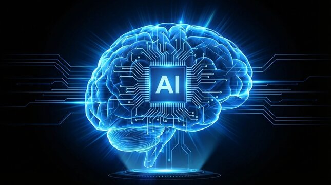 Glowing blue brain with AI chip and circuits on black background