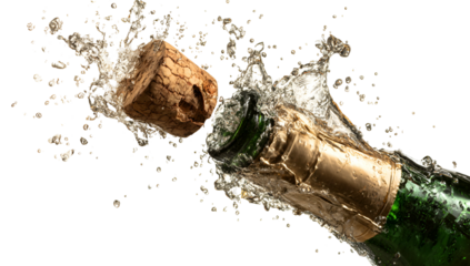 Champagne bottle erupts, cork and effervescent liquid exploding outwards on black