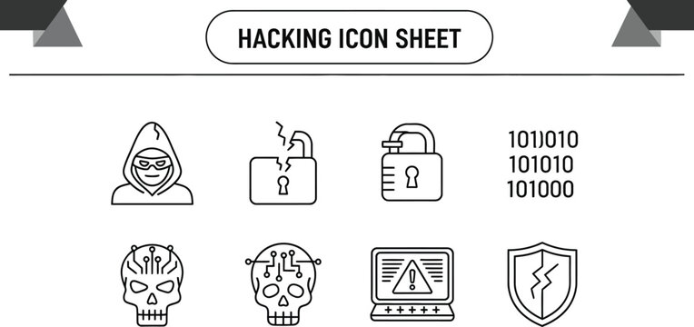 Black outline icon sheet of computer hacking and cybersecurity symbols