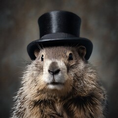 A charming groundhog looking in a stylish top hat, portrait, Groundhog day