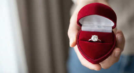 Heart-shaped ring box holding engagement ring, symbolizing broken promises and the potential for abuse