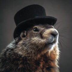 A charming groundhog looking in a stylish top hat, portrait, Groundhog day