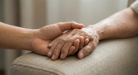 Person providing medical aid by holding senior's hand indoors