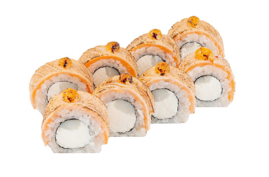 Torched Salmon Cream Roll isolated on white background.