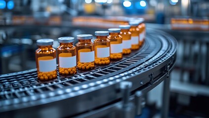 Amber pill bottles with blank labels moving on an automated conveyor belt in a clean industrial facility