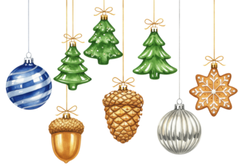 Watercolor illustration of diverse Christmas ornaments: blue bauble, green trees, gingerbread snowflake, golden pinecone, silver bauble, hanging on golden strings against a transparent background