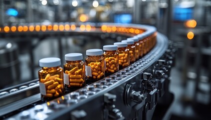 Amber bottles of orange capsules move on an automated conveyor belt in a modern industrial facility