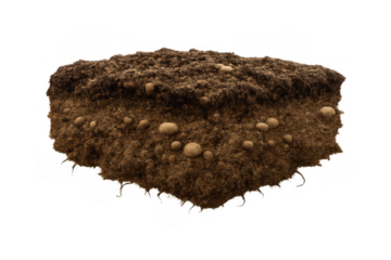 Cross section of brown soil with pebbles showing earth strata and dirt isolated on transparent background