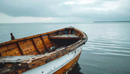 Old wooden boat on calm water, overcast sky, peaceful and slightly melancholic atmosphere.