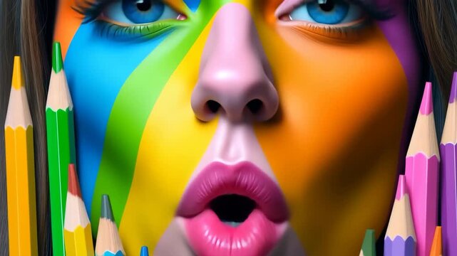 Bright multi color pencils, A woman is depicted on the book cover