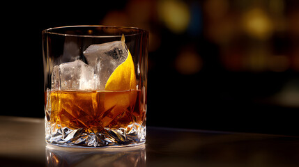 Glass of drink with ice and lemon on a table at a bar during evening hours