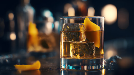 Whiskey served over ice with lemon peel on a bar counter at night with warm lighting