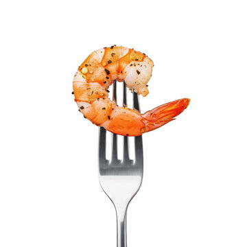 A single cooked shrimp speckled with herbs and spices is presented elegantly on a silver fork on transparent background