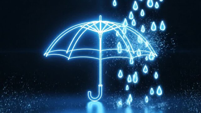Glowing blue neon umbrella with raindrops on dark background