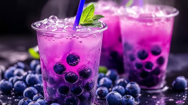 Bubble blueberry tea, A refreshing blueberry bubble tea featuring blueberries and mint