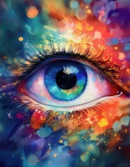 Abstract drawn eye colorful paint splashes
