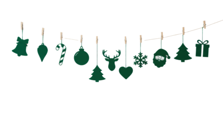 Festive string garland with green Christmas silhouettes: bell, candy cane, bauble, deer, snowflake, Santa, heart, reindeer, tree, branch, gift box, on white copy space background. Minimalist holiday