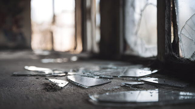Broken glass scattered on the floor near windows of an old building with sunlight coming through cracks in the walls