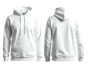 Front and back views of a plain white hooded sweatshirt (2)