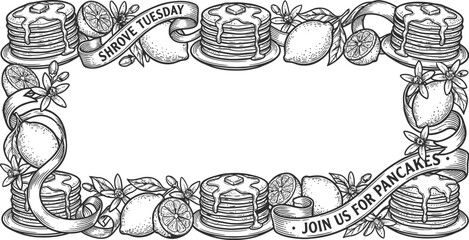 Pancakes border with lemon slices and sugar for Shrove Tuesday