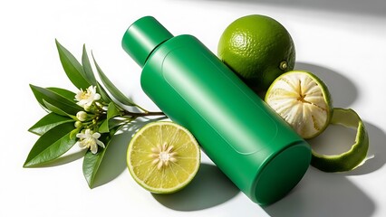 Green cosmetic bottle with limes and fragrant flowers on a white surface