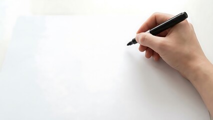 A hand holding a black marker poised above a blank white surface