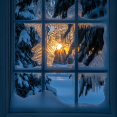 Obraz premium Sunrise view through a snowy window with icicles and trees in winter landscape at dawn