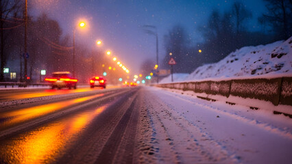 Winter Night Road with Snow and Car Lights.