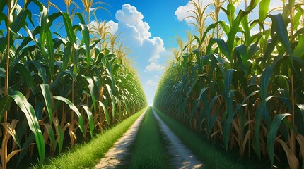Obraz premium Sunlit Dirt Path Through Tall Green Corn Field Under Blue Sky