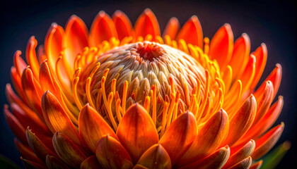Closeup Macro Shot of a Vibrant Orange Protea Flower in Full Bloom.
