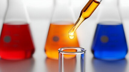 Closeup of colorful liquids being mixed in a laboratory setting with scientific equipment.