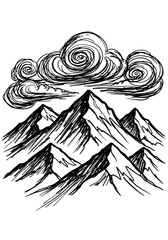 Hand drawn black ink sketch of jagged mountain peaks with swirling wind and spiral clouds in a woodcut etching style for outdoor adventure