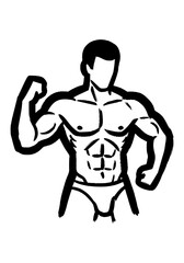Obraz premium Strong muscular bodybuilder flexing bicep in black ink brush stroke style featuring defined abdominal six pack and pectoral muscles with minimalist faceless head