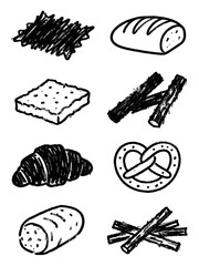 Hand drawn charcoal sketch collection of rustic bakery items including croissant pretzel and bread loaf with rough crayon texture