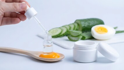 Healthy skincare ingredients dropper egg yolk cucumber and aloe vera on white surface