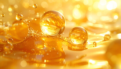 Golden Liquid Droplets and Bubbles Macro Shot.