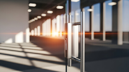 Modern Glass Door Entrance with Sunlight Rays.