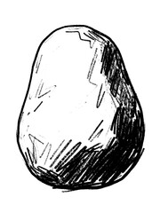 Rough black ink sketch of a solitary stone featuring heavy cross hatching shadows and organic irregular shape isolated on white for nature compositions