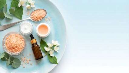 Aesthetic skincare products with floral accents displayed on a teal plate