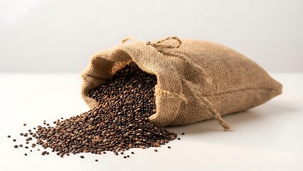 Burlap sack overflowing with dark brown peppercorns on a white surface