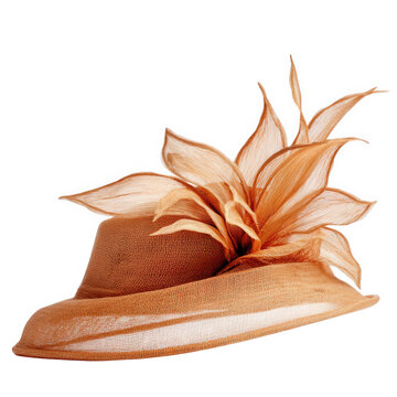 Elegant orange fascinator hat with large feather accent isolated on transparent background