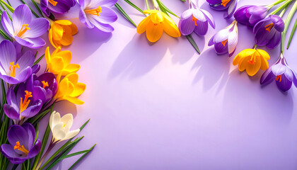 Vibrant Crocus Flowers Border on Soft Purple Background.