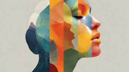 Abstract Watercolor Colorful Woman Profile with Stripes and Graphic Element